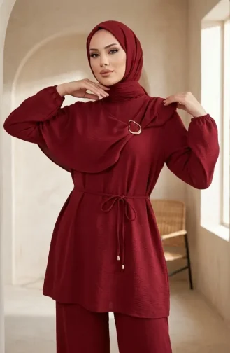 Halka Detaylı Bağcıklı Tesettür ikili Takım 2280-02 Bordo