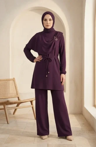 Circle Detail Lace-Up Hijab Two-Piece Set 2280-05 Purple 2280-05
