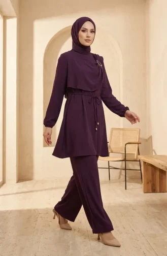Circle Detail Lace-Up Hijab Two-Piece Set 2280-05 Purple 2280-05