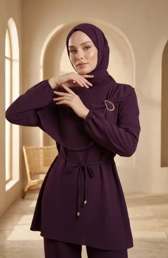 Circle Detail Lace-Up Hijab Two-Piece Set 2280-05 Purple 2280-05