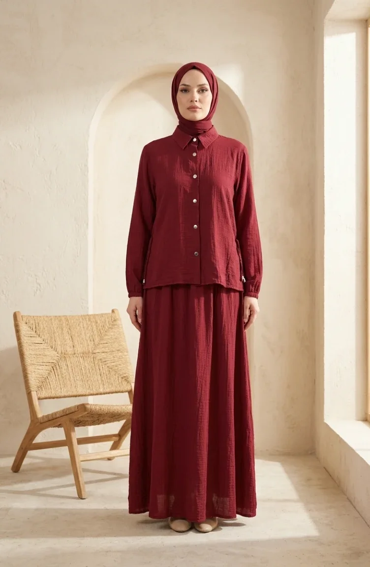Zweiteiliges Hijab-Set Mit Hemdkragen Und Druckknöpfen 2281-01 Burgunderrot 2281-01