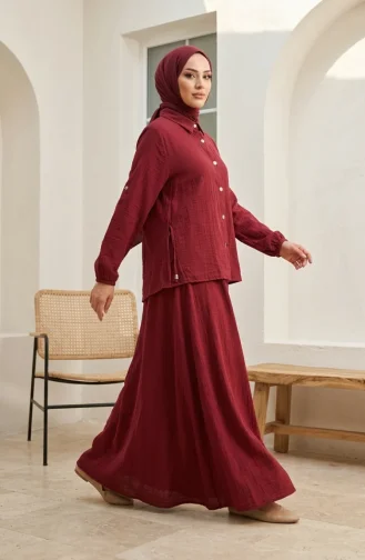 Zweiteiliges Hijab-Set Mit Hemdkragen Und Druckknöpfen 2281-01 Burgunderrot 2281-01