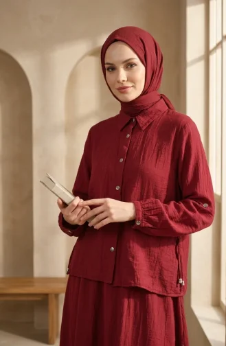 Zweiteiliges Hijab-Set Mit Hemdkragen Und Druckknöpfen 2281-01 Burgunderrot 2281-01