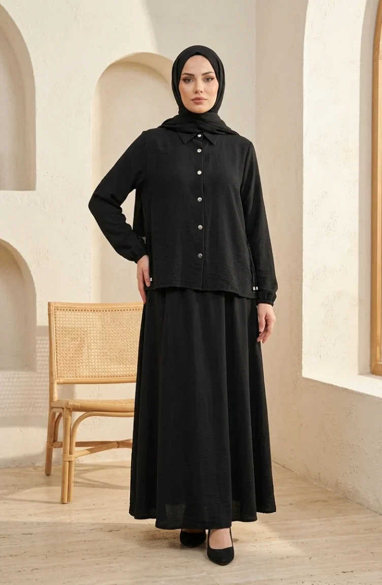 طقم حجاب من قطعتين، ياقة قميص وأزرار كبس، أسود، رقم الموديل 2281-04 2281-04