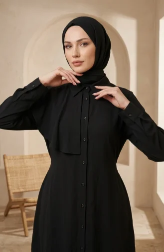 طقم حجاب من قطعتين بتفاصيل عباءة وأزرار، أسود، رقم الموديل 2282-05 2282-05