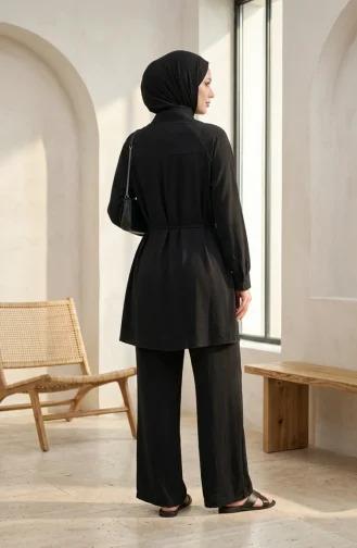 طقم حجاب من قطعتين بتفاصيل عباءة وأزرار، أسود، رقم الموديل 2282-05 2282-05