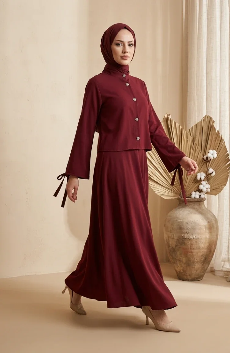 Ensemble Hijab Deux Pièces Avec Chemisier Et Jupe à Boutons Référence 5658-01 Bordeaux 5658-01