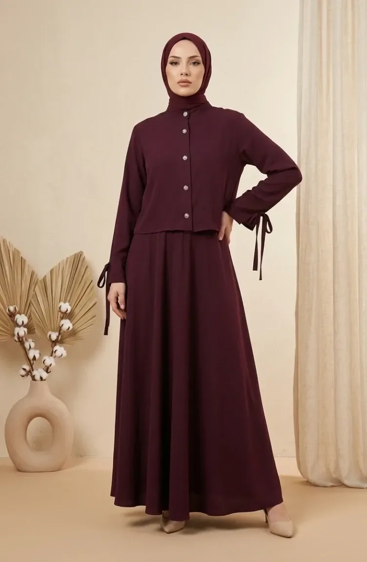 Ensemble Hijab Deux Pièces Avec Chemisier Et Jupe à Boutons Référence 5658-02 Prune 5658-02