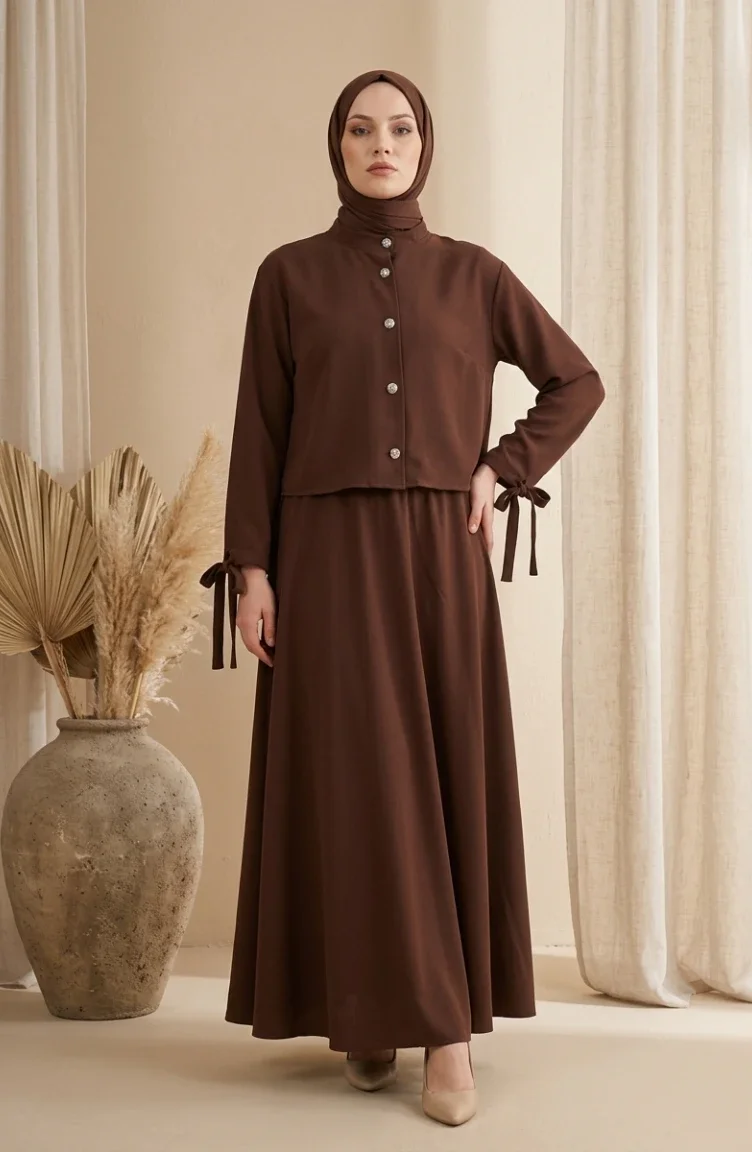 Ensemble Hijab Deux Pièces Avec Chemisier Et Jupe à Boutons Référence 5658-04 Marron 5658-04
