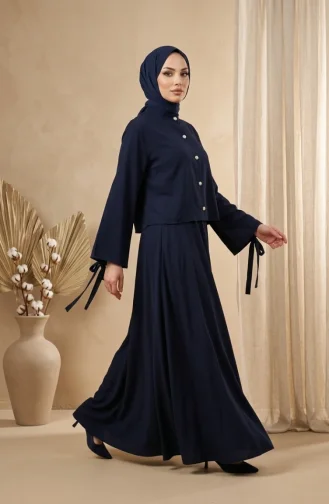 Zweiteiliges Hijab-Set Mit Bluse Und Rock Mit Knopfdetails Modell 5658-06 Marineblau 5658-06
