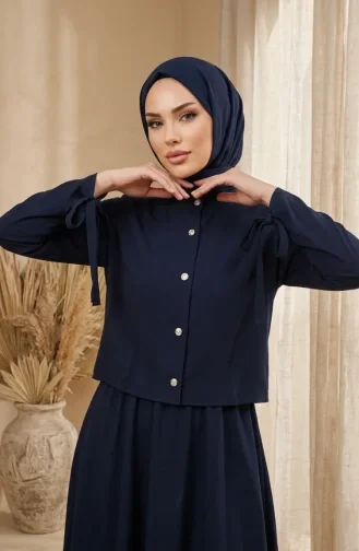 Zweiteiliges Hijab-Set Mit Bluse Und Rock Mit Knopfdetails Modell 5658-06 Marineblau 5658-06