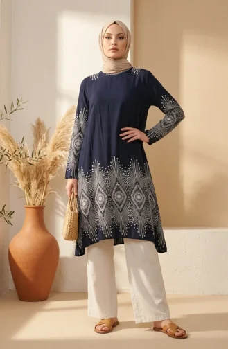 Viscose Fabric Patterned Tunic 1015-04 Navy Blue 1015-04