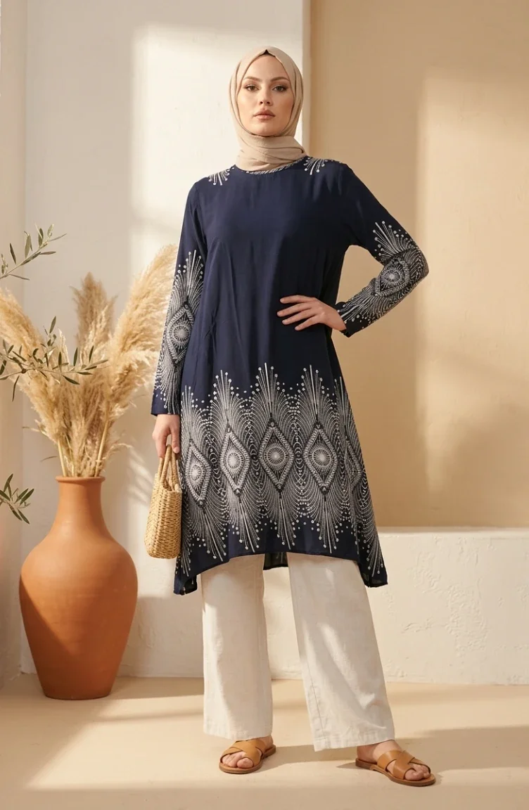 Viscose Fabric Patterned Tunic 1015-04 Navy Blue 1015-04