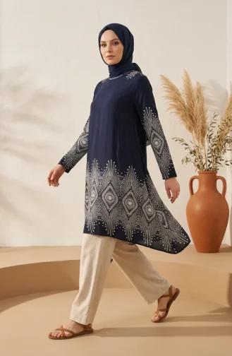Viscose Fabric Patterned Tunic 1015-04 Navy Blue 1015-04