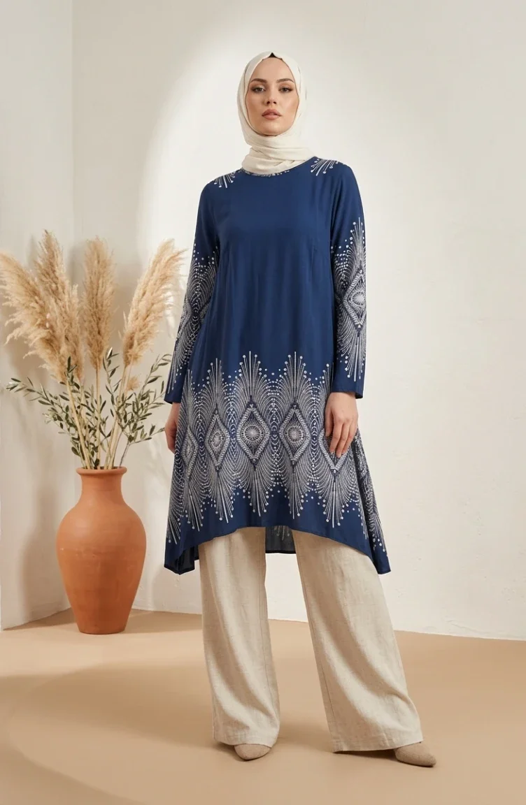 Viscose Fabric Patterned Tunic 1015-05 Indigo 1015-05