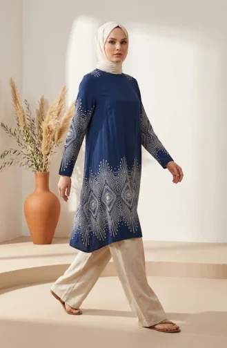 Viscose Fabric Patterned Tunic 1015-05 Indigo 1015-05