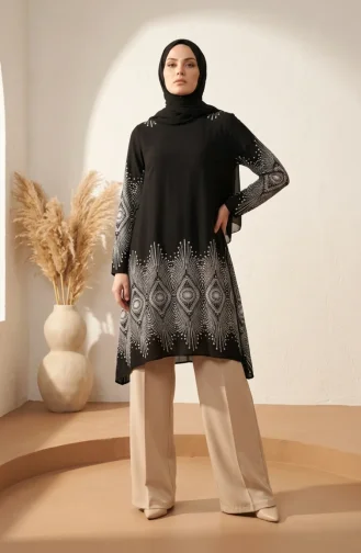 Viscose Fabric Patterned Tunic 1016-01 Navy Blue 1016-01