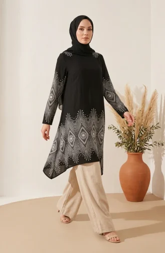 Viscose Fabric Patterned Tunic 1016-01 Navy Blue 1016-01