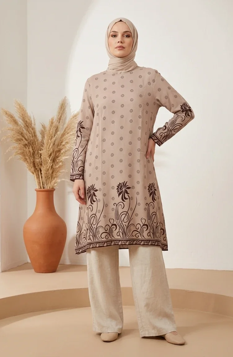 Viscose Fabric Patterned Tunic 1016-02 Mink 1016-02