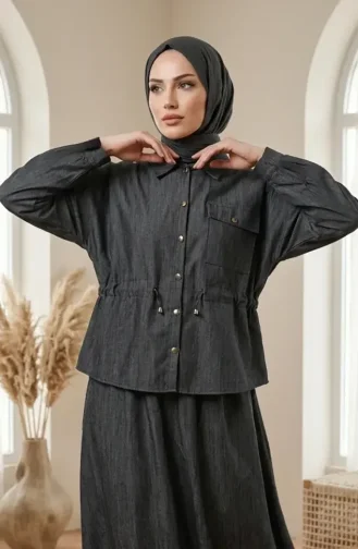 طقم جينز محتشم من قطعتين، أسود اللون، مزود برباط خصر وأزرار، رقم الموديل 0325-01 0325-01
