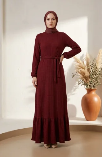 Robe Modeste En Tissu Gaufré à Manches élastiquées 5588-01 Bordeaux 5588-01