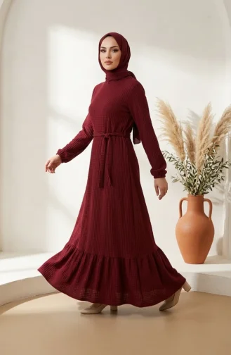 Robe Modeste En Tissu Gaufré à Manches élastiquées 5588-01 Bordeaux 5588-01