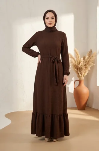 Robe Modeste En Tissu Gaufré Avec Manches élastiquées 5588-02 Marron 5588-02