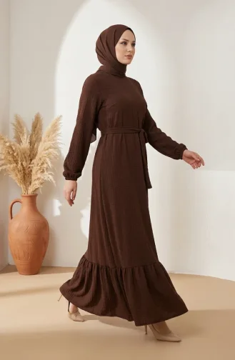 Robe Modeste En Tissu Gaufré Avec Manches élastiquées 5588-02 Marron 5588-02