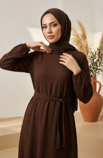 Robe Modeste En Tissu Gaufré Avec Manches élastiquées 5588-02 Marron 5588-02