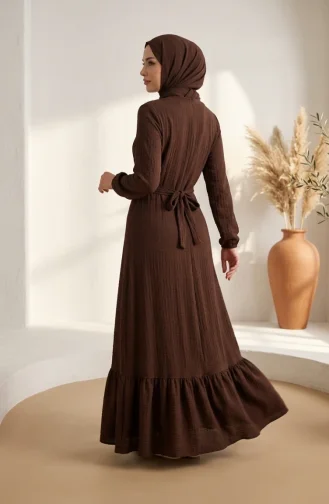 Robe Modeste En Tissu Gaufré Avec Manches élastiquées 5588-02 Marron 5588-02