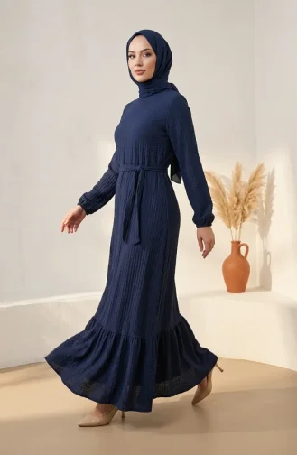 فستان حجاب من قماش الوافل بأكمام مطاطية 5588-03 أزرق داكن 5588-03