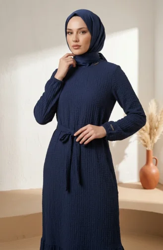 فستان حجاب من قماش الوافل بأكمام مطاطية 5588-03 أزرق داكن 5588-03