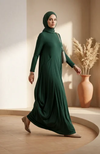 Zandkleurige Stoffen Hijabjurk Met Zakken 5656-03 Smaragdgroen 5656-03