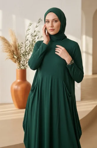 Zandkleurige Stoffen Hijabjurk Met Zakken 5656-03 Smaragdgroen 5656-03