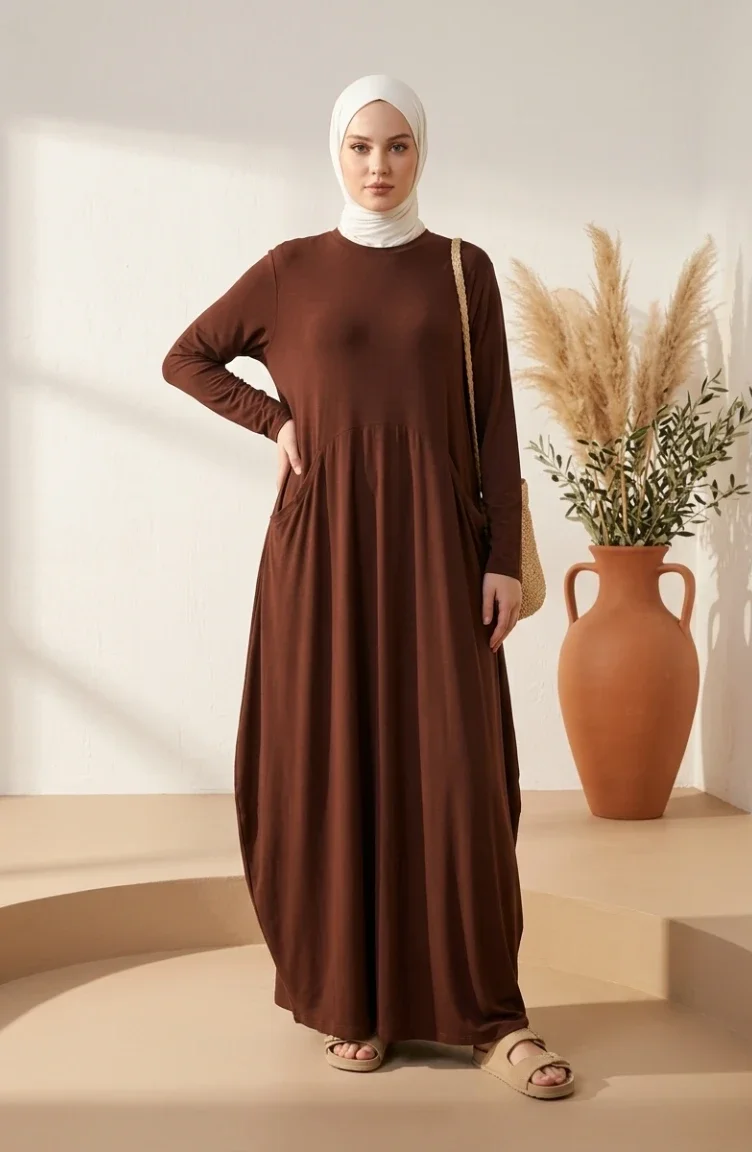 Robe Hijab à Poches En Tissu Sable 5656-04 Marron 5656-04