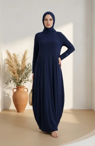 Sandy Kumaş Cepli Tesettür Elbise 5656-08 Lacivert