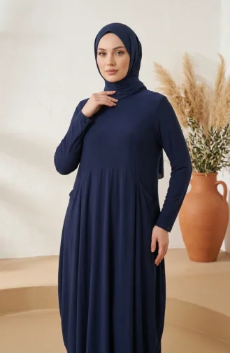 Sandy Kumaş Cepli Tesettür Elbise 5656-08 Lacivert