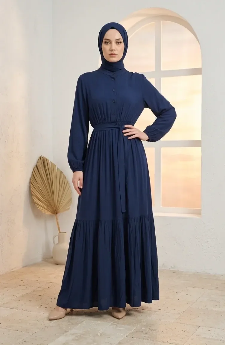 Robe Modeste à Col Mandarin Et Taille élastiquée 0326-01 Bleu Marine 0326-01