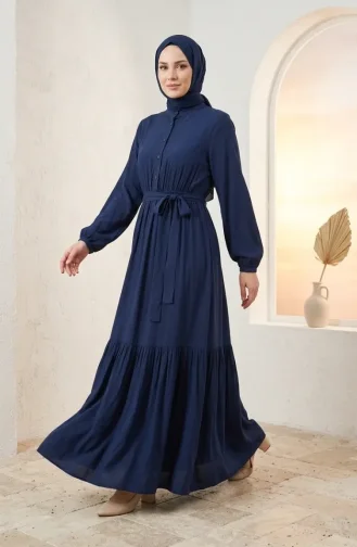 Robe Modeste à Col Mandarin Et Taille élastiquée 0326-01 Bleu Marine 0326-01
