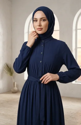 Robe Modeste à Col Mandarin Et Taille élastiquée 0326-01 Bleu Marine 0326-01