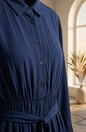 Robe Modeste à Col Mandarin Et Taille élastiquée 0326-01 Bleu Marine 0326-01