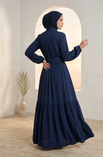 Robe Modeste à Col Mandarin Et Taille élastiquée 0326-01 Bleu Marine 0326-01