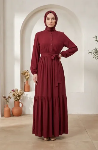 Robe Modeste à Col Mandarin Et Taille élastique 0326-02 Bordeaux 0326-02