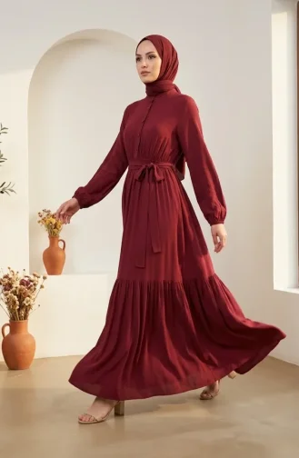 Robe Modeste à Col Mandarin Et Taille élastique 0326-02 Bordeaux 0326-02
