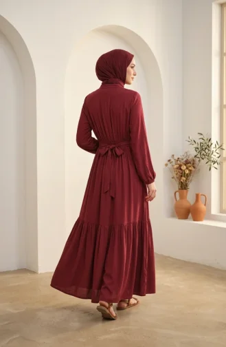 Robe Modeste à Col Mandarin Et Taille élastique 0326-02 Bordeaux 0326-02