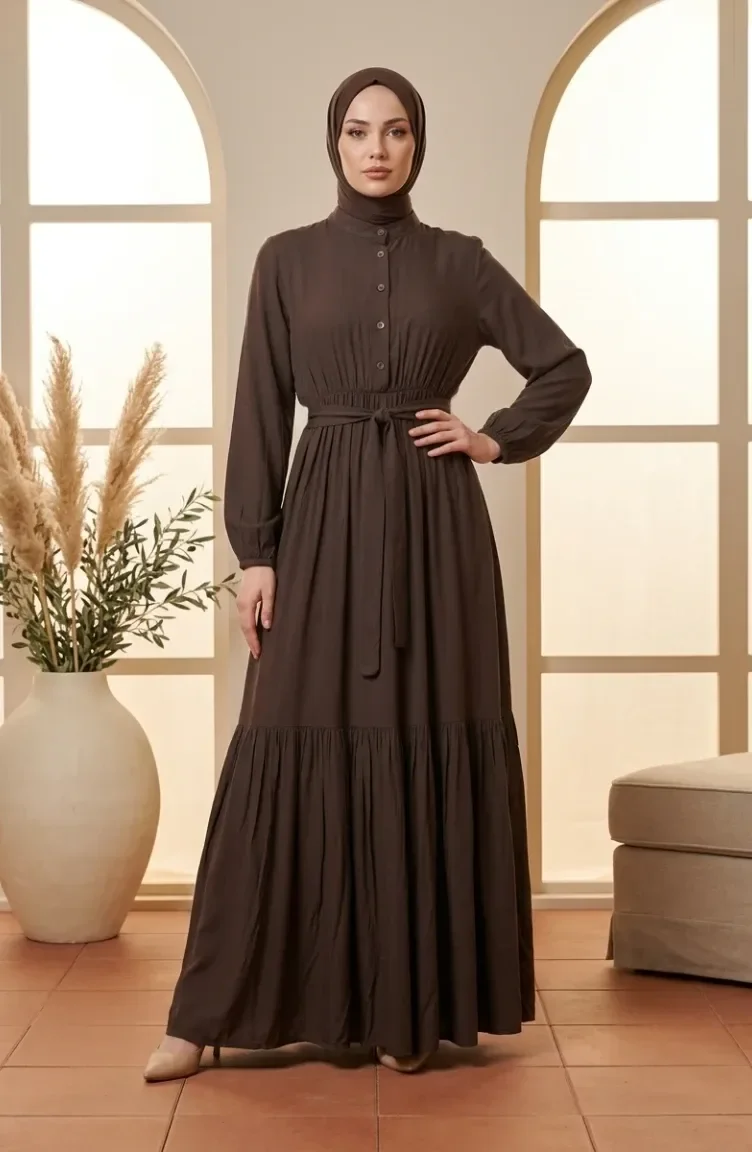 Robe Modeste à Col Mandarin Et Taille élastique 0326-03 Marron 0326-03