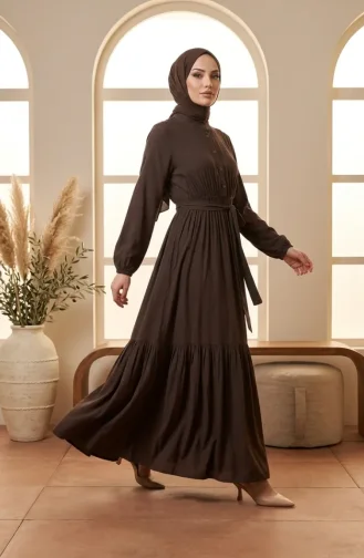Robe Modeste à Col Mandarin Et Taille élastique 0326-03 Marron 0326-03