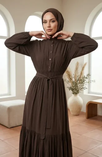Robe Modeste à Col Mandarin Et Taille élastique 0326-03 Marron 0326-03
