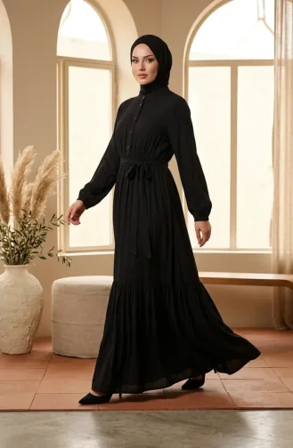 Robe Modeste à Col Mandarin Et Taille élastique 0326-04 Noire 0326-04