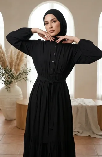 Robe Modeste à Col Mandarin Et Taille élastique 0326-04 Noire 0326-04